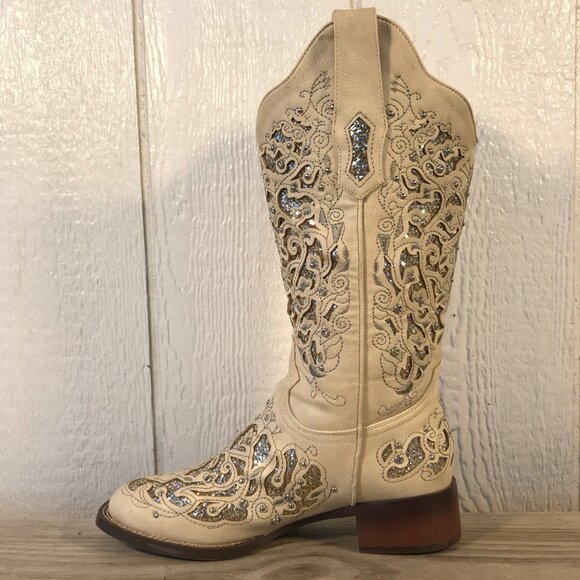 Crysigne Rhinestones and Glitter Womens Cream Western Boots US 8 - Picture 8 of 12